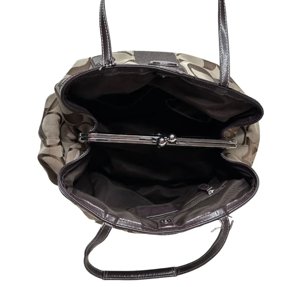 Coach Khaki and Mahogany Stripe Signature Kisslock Carryall Bag F19190 - Picture 9 of 13